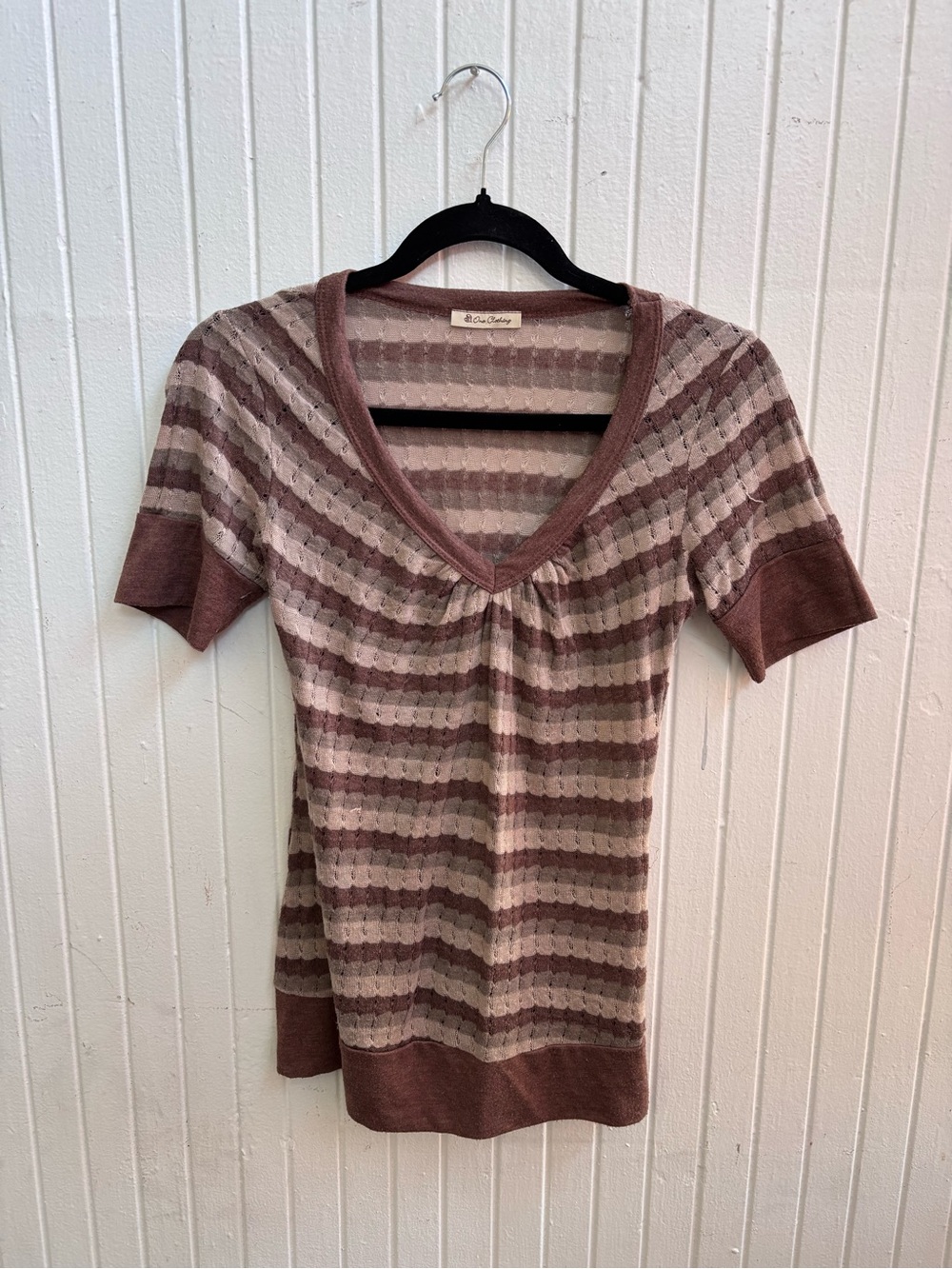 one clothing Taupe and Dusty Pink Striped V-Neck Short Sleeve Top